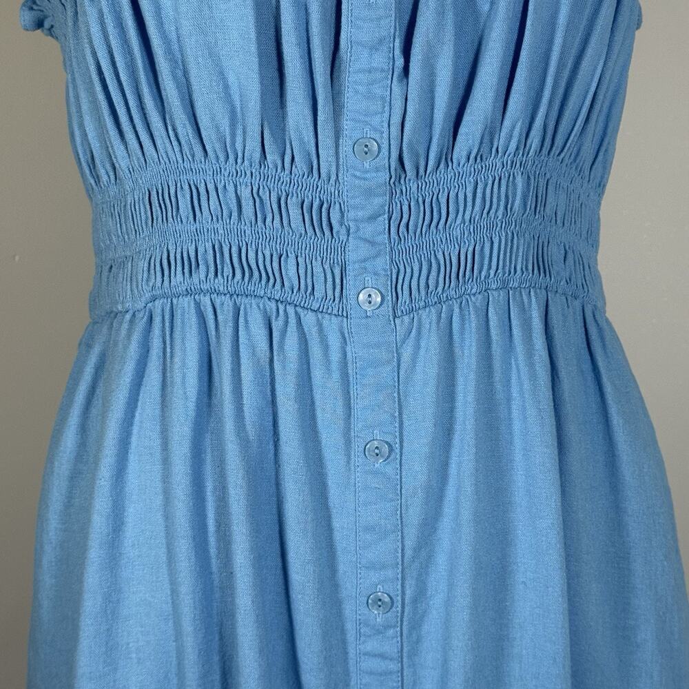 Blue Smocked Midi Dress Faux Button Front Linen Blend Boho Coastal Minimalist XL - Picture 6 of 15